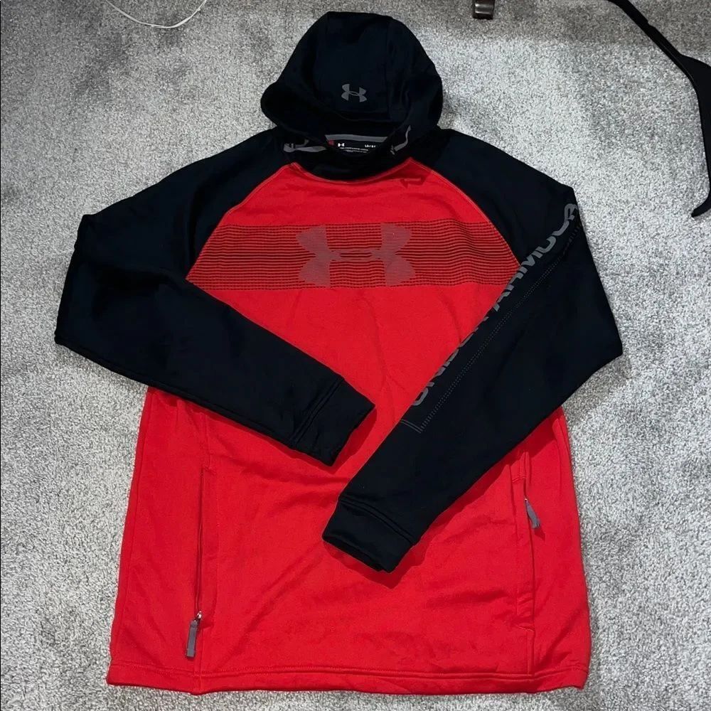 Under Armour Coldgear Cell Phone red Black high neck hooded hoodie sweatshirt L